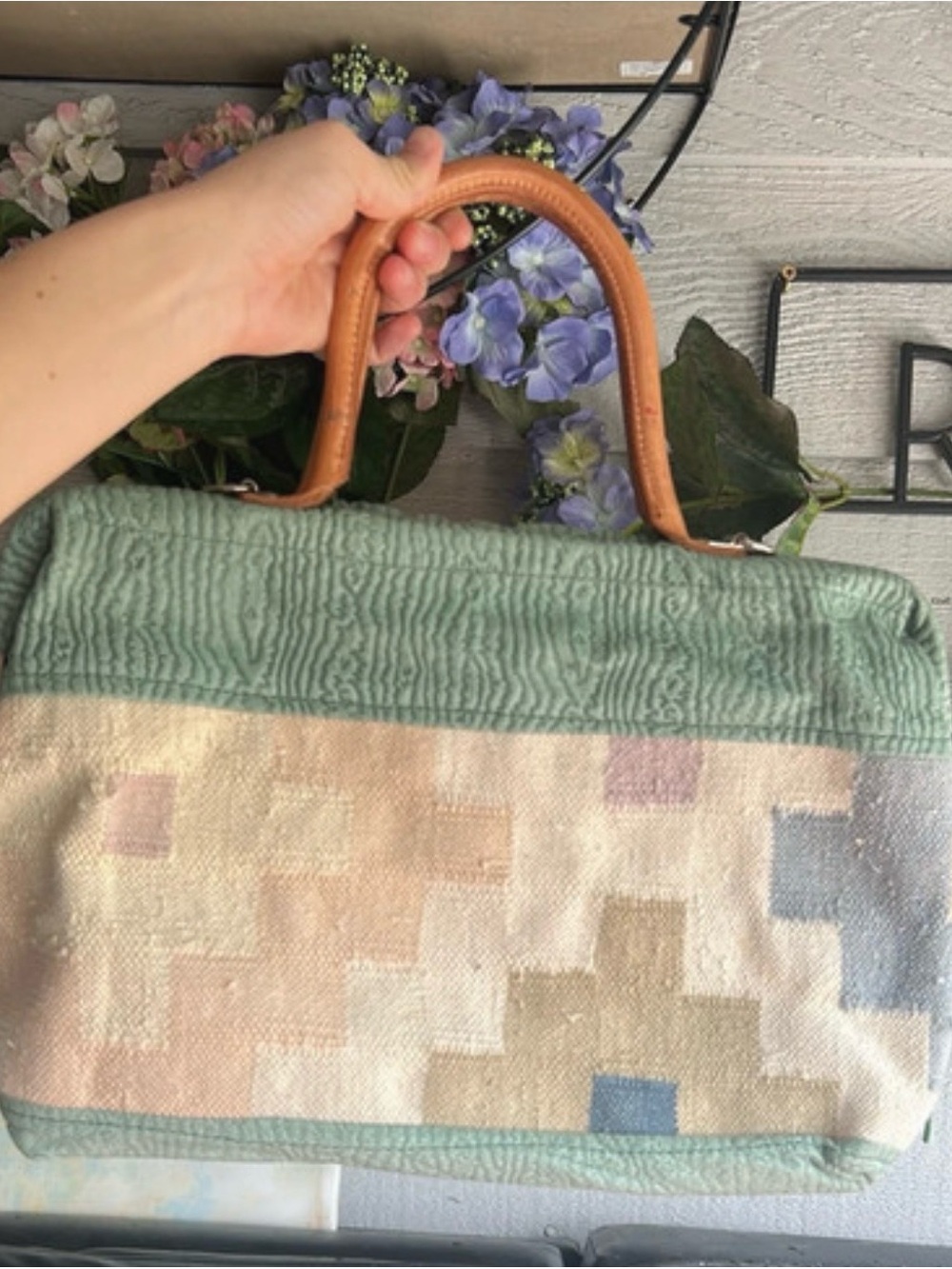 Mint & Tan Geometric Tote Bag with Leather Handles
